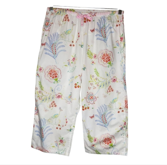 Cat's Pajamas Floral Peacock Strawberries Cropped Pajama Pants Size M - Picture 1 of 7